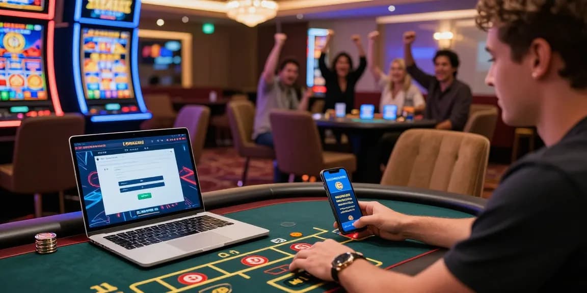Lemacau Login interface on vibrant casino gaming setup, showcasing player excitement and engagement.