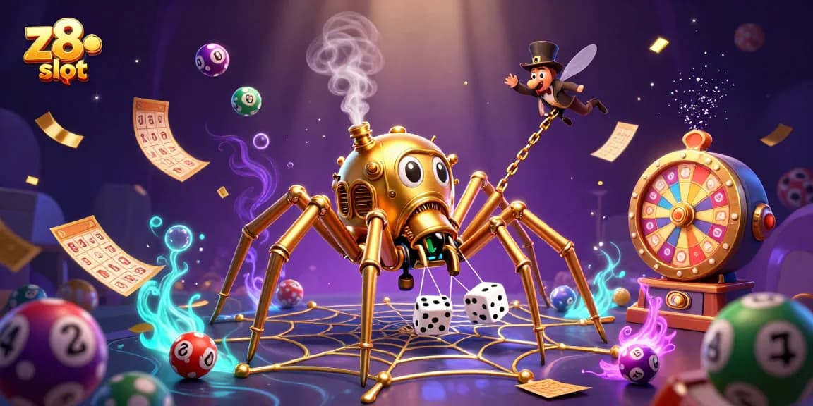 Engage in z8 slot excitement with a dynamic steampunk spider webbing golden chains, capturing the thrill of gambling.