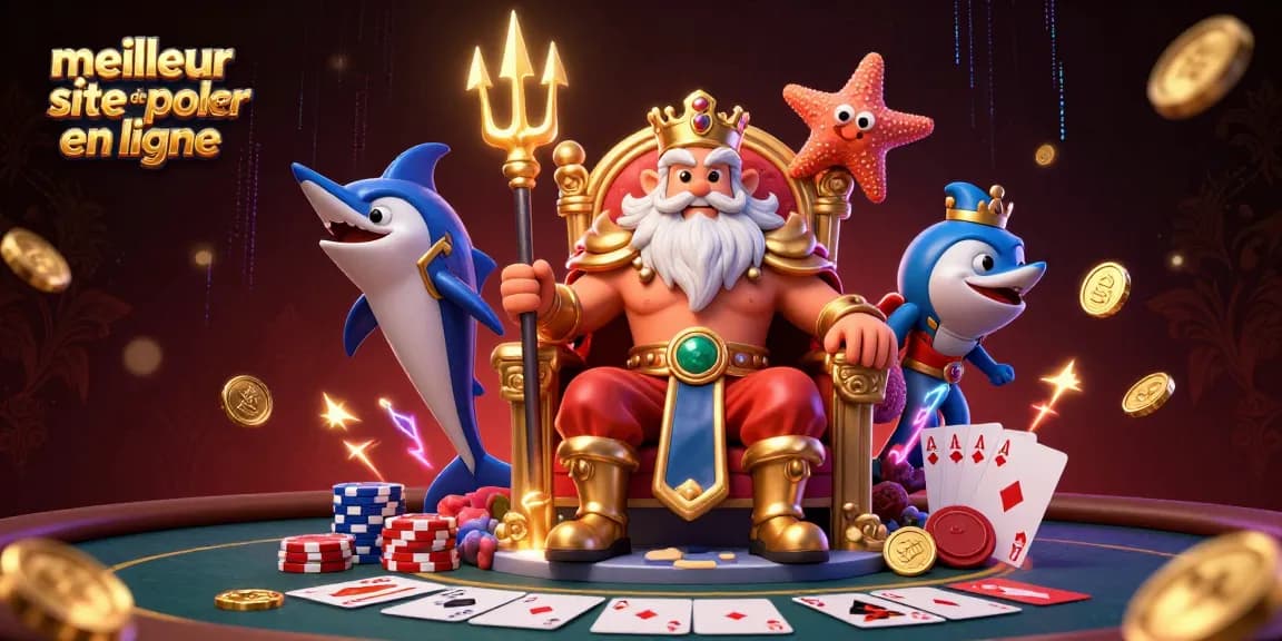 Découvrez le meilleur site de poker en ligne avec une scène dynamique de Neptune et des éléments de jeu célèbres.