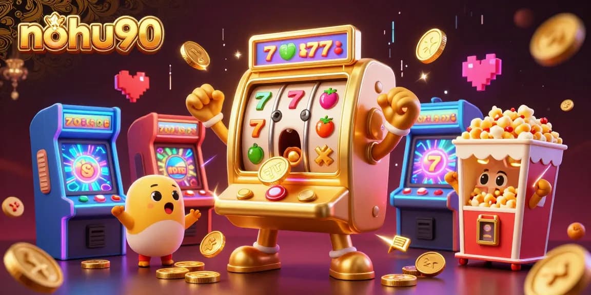 Nohu90 slot machine hitting a jackpot, surrounded by cheering slot machines and colorful game elements.