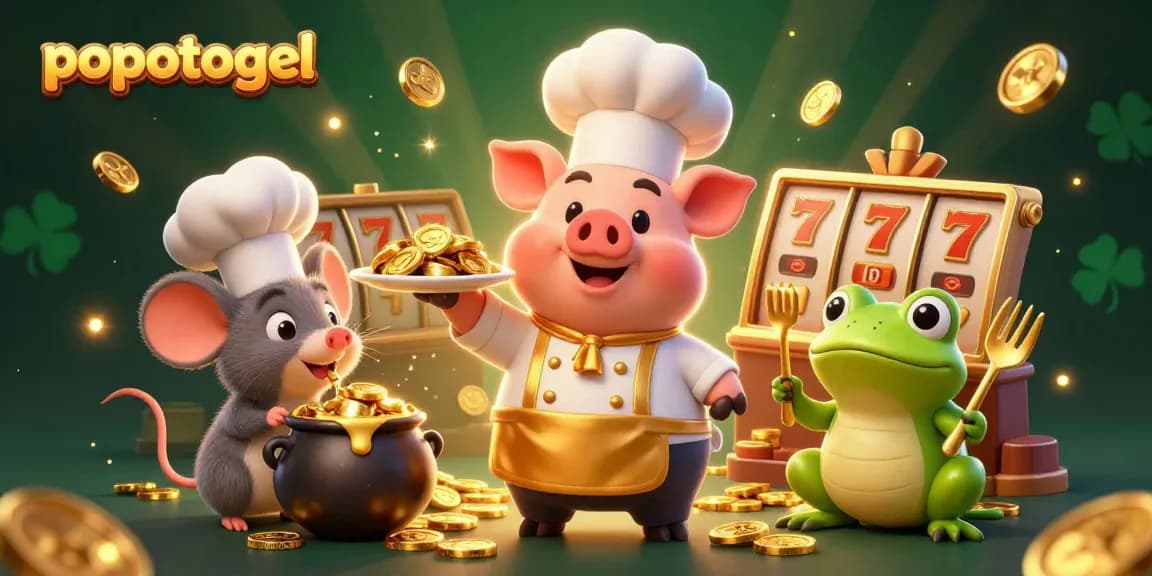 Experience Popotogel's vibrant gaming scene with a chef pig serving gold coins, emphasizing fun and excitement.
