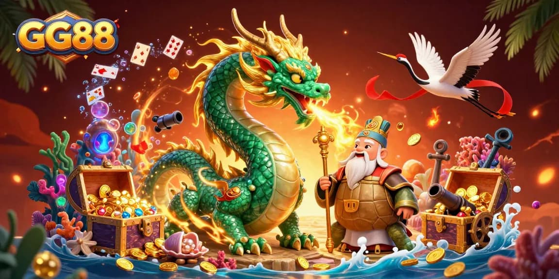 Watch GG88's thrilling gaming action with dragon, turtles, and cranes amidst treasures.