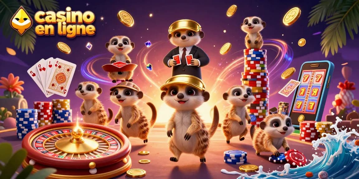 Casino en ligne dynamique avec une colonie de suricates gérant un casino fantastique, jeux et jetons éparpillés.