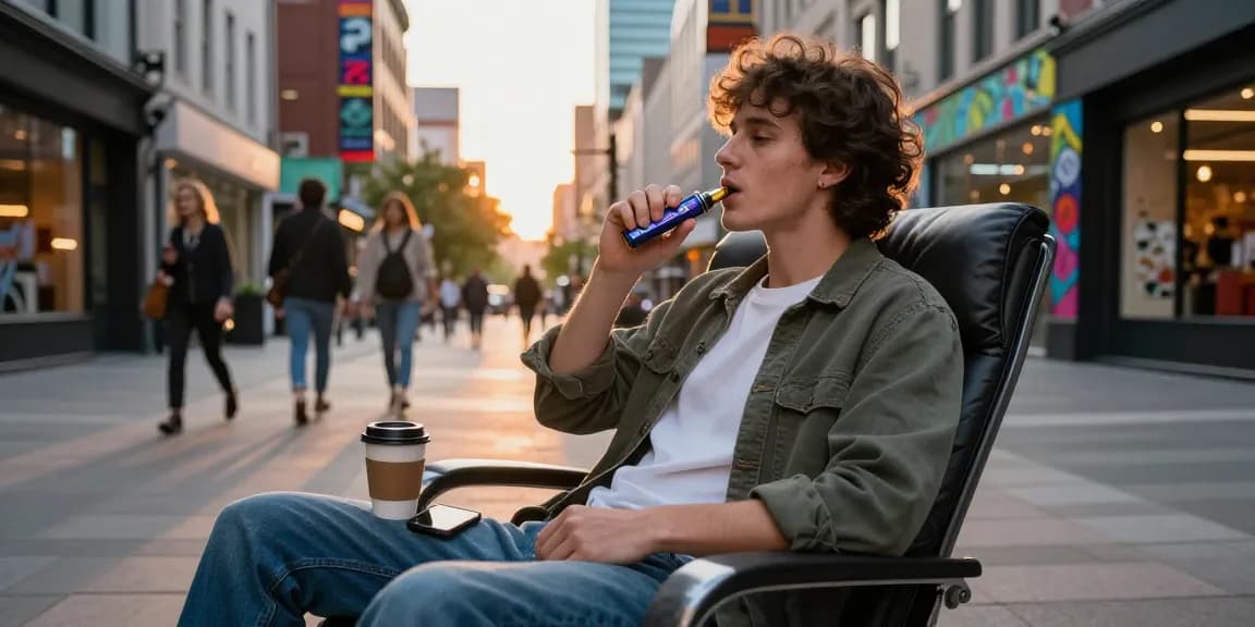 Individual enjoying a lazy-boy-delta-8-vape-review in a vibrant urban setting, showcasing lifestyle and culture.