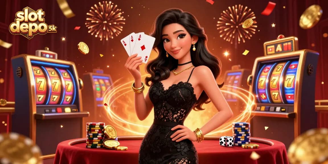 Engage in slot depo 5k action with elegant cards and vibrant casino elements in this stunning illustration.