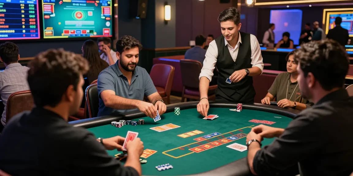Engaged players enjoying the andar bahar game in a lively online casino, with vibrant lights and real dealers interacting.