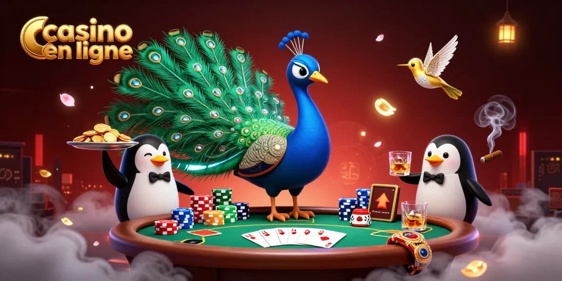 Plongez dans l'univers du casino en ligne avec un paon majestueux et son majordome pingouin, entourés de jetons dorés et d'une ambiance festive.