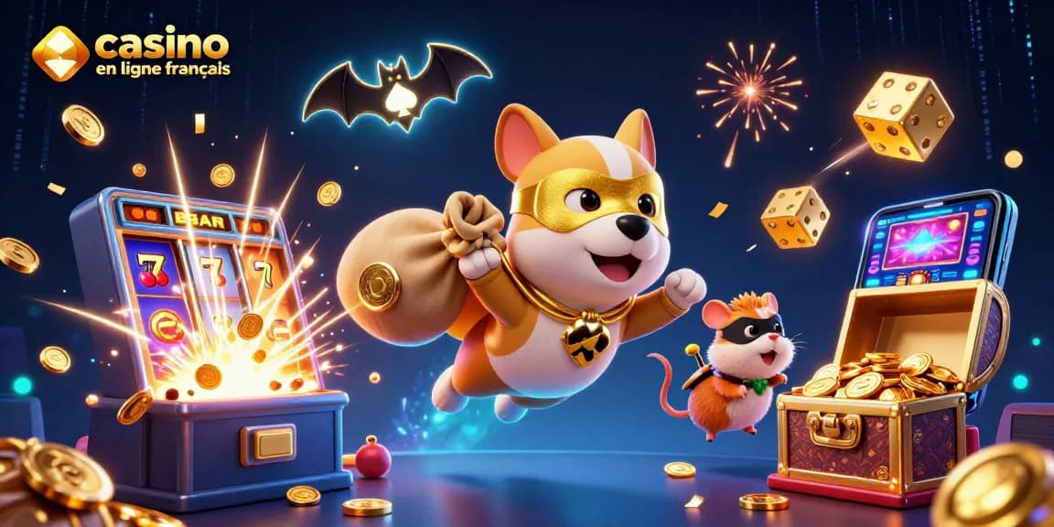 Jouez sur un casino en ligne français avec des personnages animés en plein vol, portant des pièces d'or et entourés de machines à sous et de symboles chanceux.
