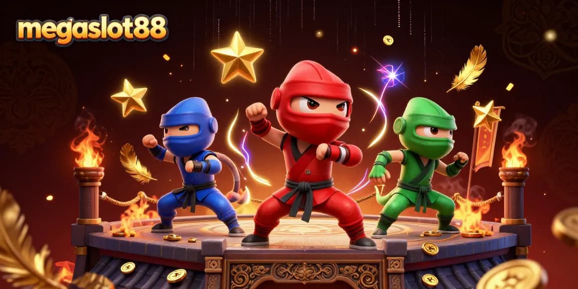 Engage with megaslot88 in a vibrant, dynamic scene featuring ninja chameleons and casino elements.
