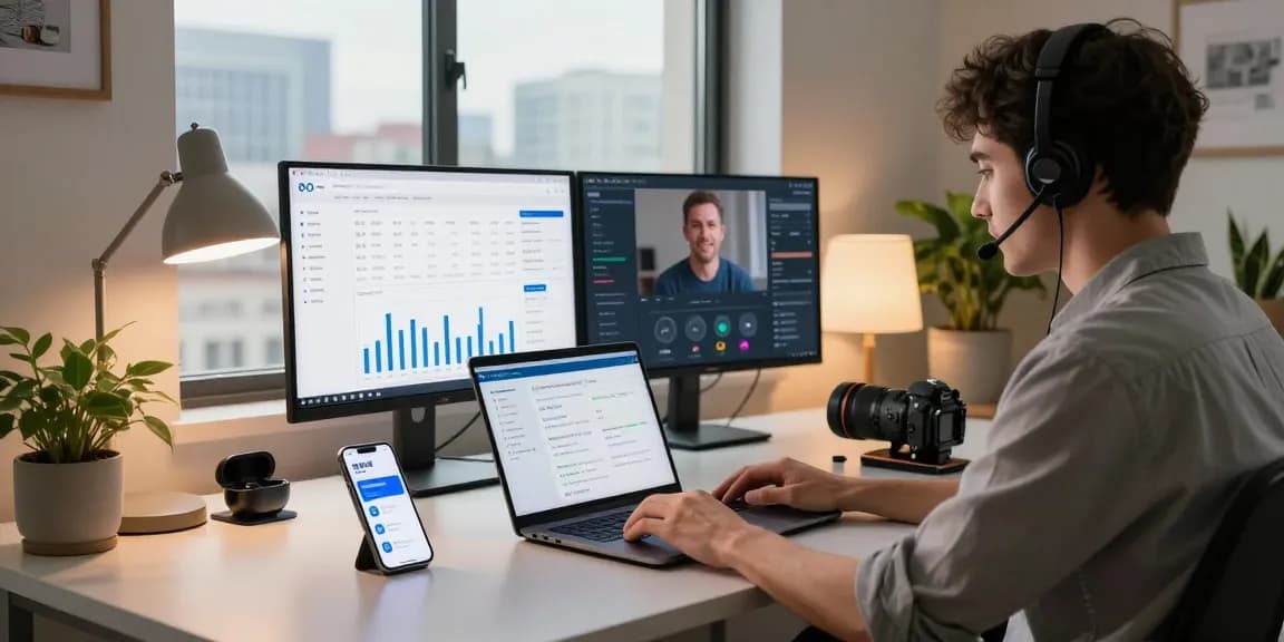 快连 enhancing internet speed in a modern home office with multiple screens
