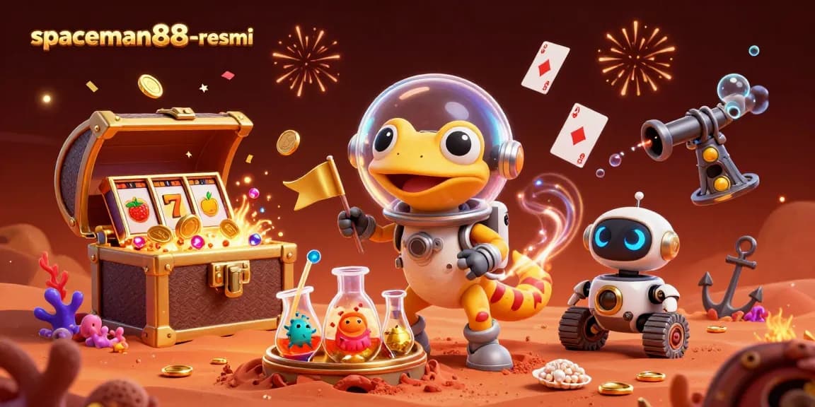 Experience the excitement of spaceman88-resmi with a Martian gecko discovering a golden casino surrounded by colorful slot elements.