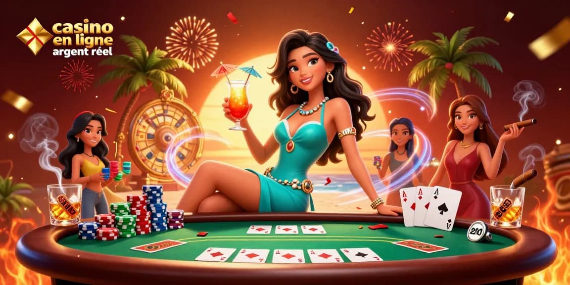 Jouez à des jeux passionnants au casino en ligne argent réel, mettant en vedette une femme glamour au milieu d'éléments de casino vibrants.