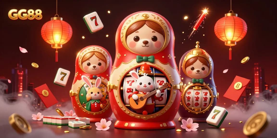 Exciting GG88 gaming scene with Matryoshka dolls and dynamic slot elements for casino action.