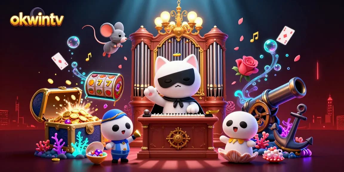 Engage with okwintv's vibrant casino scene featuring a masked cat, acrobat, and floating slot reels.