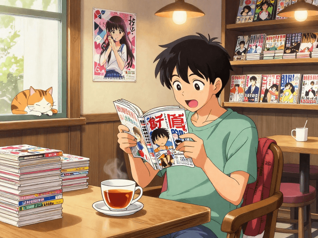 A cozy café scene with a person excitedly reading the latest manga chapters while surrounded by manga volumes and warm atmosphere, perfect for manga enthusiasts.
