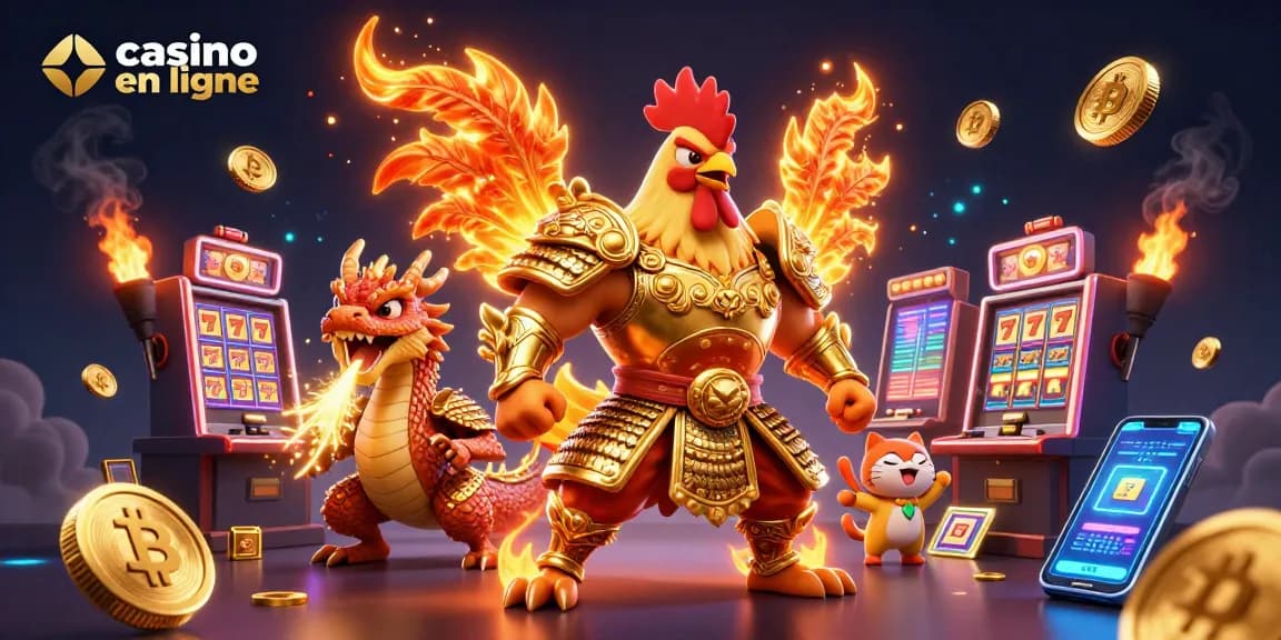 Vivez l'excitation au casino en ligne avec une scène dynamique d'un coq samouraï doré et d'un dragon nouveau-né.