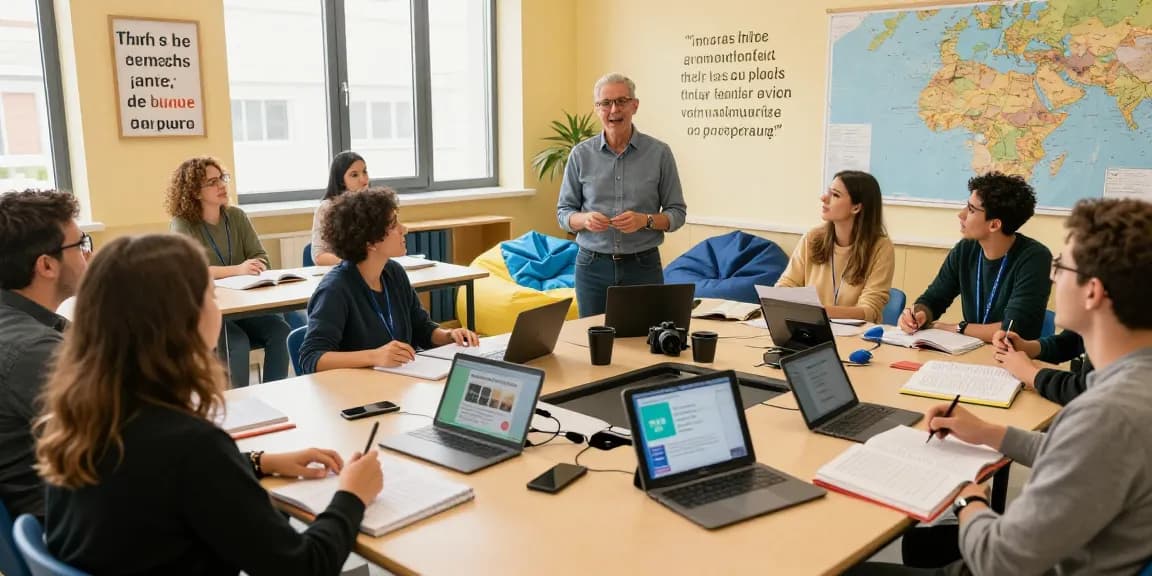 Étudiants engagés dans un cours d'anglais à Malte, apprenant les Cours d'anglais à Malte dans une salle de classe dynamique.