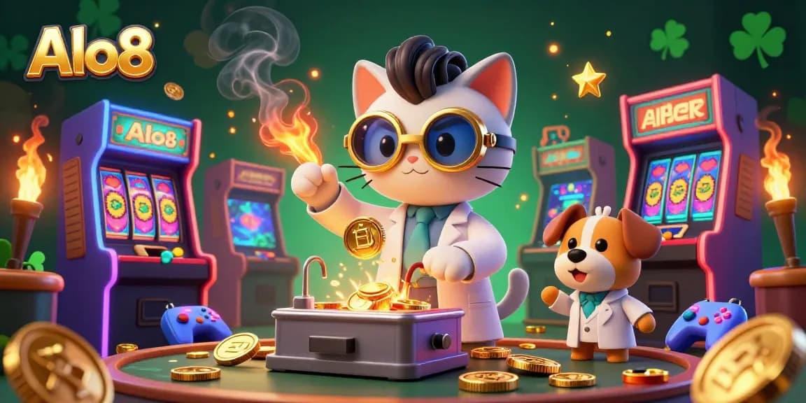 Alo8 casino illustration shows a mad scientist cat creating coins, featuring vibrant gaming elements around.