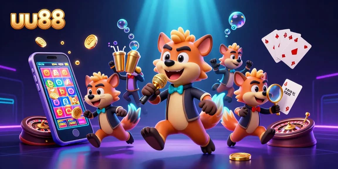 uu88 hyenas humorously running a casino scene with vibrant slot game elements surrounding them