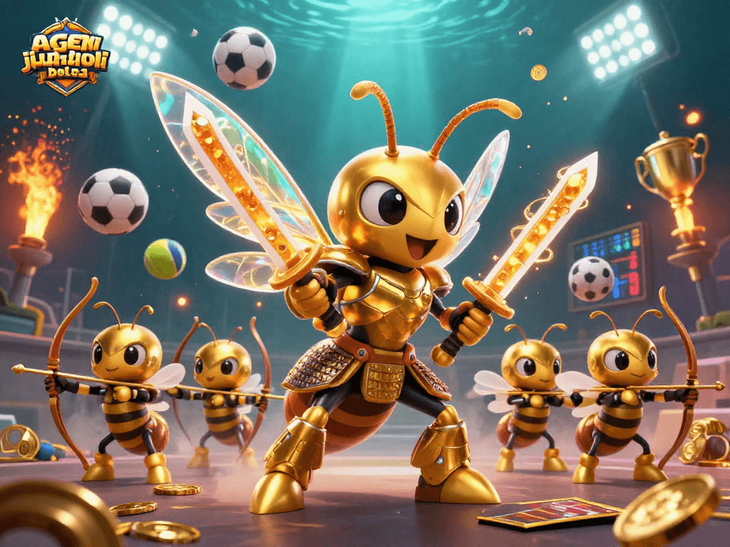 Participate in agen judi bola with vibrant visuals, showcasing sports betting excitement and golden trophy.