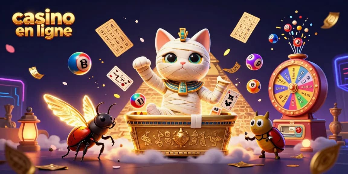 Immersion dans le monde du casino en ligne avec un chat momie et des boules de loterie dynamiques.