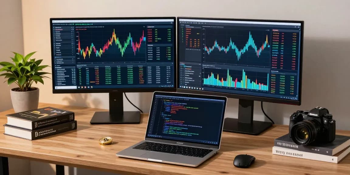 Récupération de compte crypto piraté sur des écrans affichant des graphiques Bitcoin, dispositifs de sécurité, et tableaux d'analyse