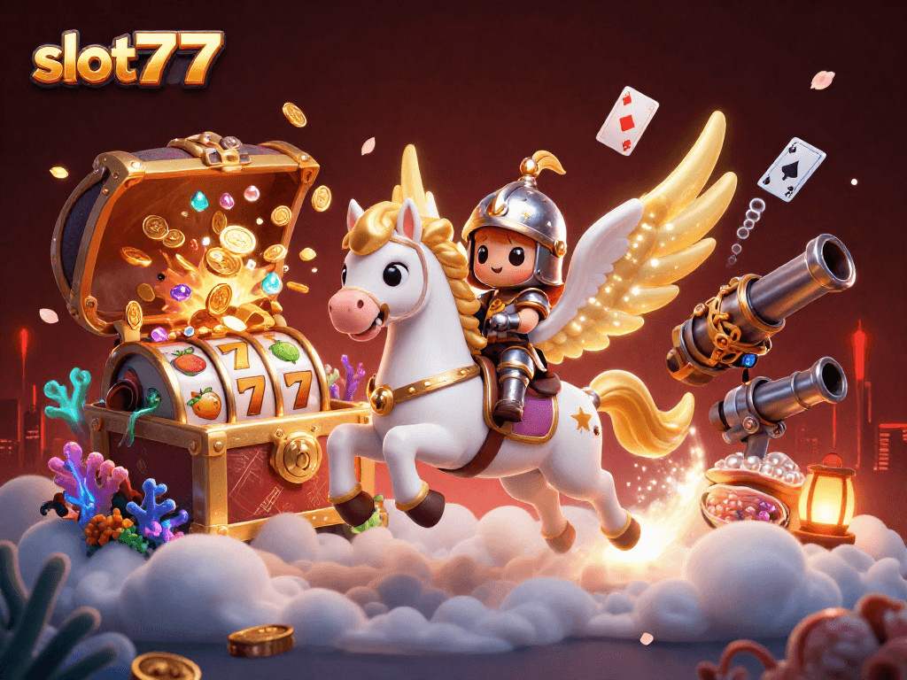 Engage in the excitement of slot777 as a knight rides a celestial horse through a vibrant casino world.