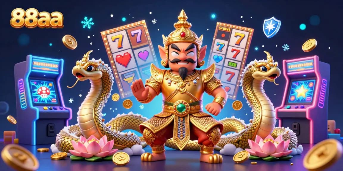 88aa entices players with vibrant gambling scenes filled with slot machines and a temple guardian.