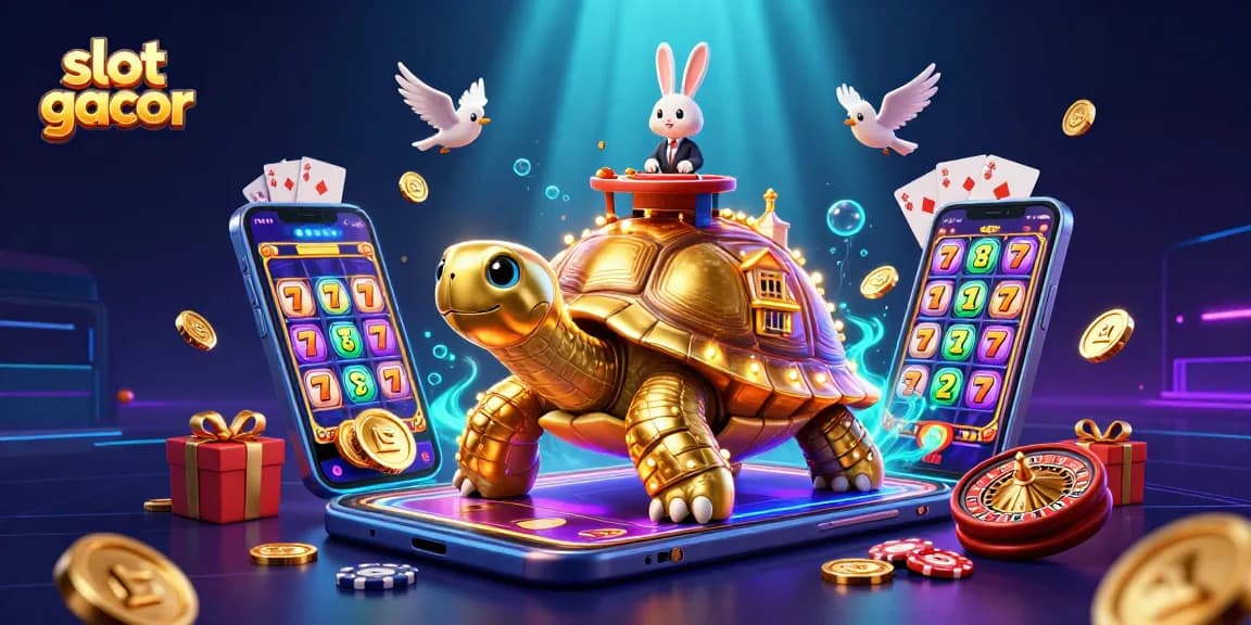 Engage with slot gacor gameplay featuring a vivid illustration of winning moments with golden tortoise and rabbit dealer.
