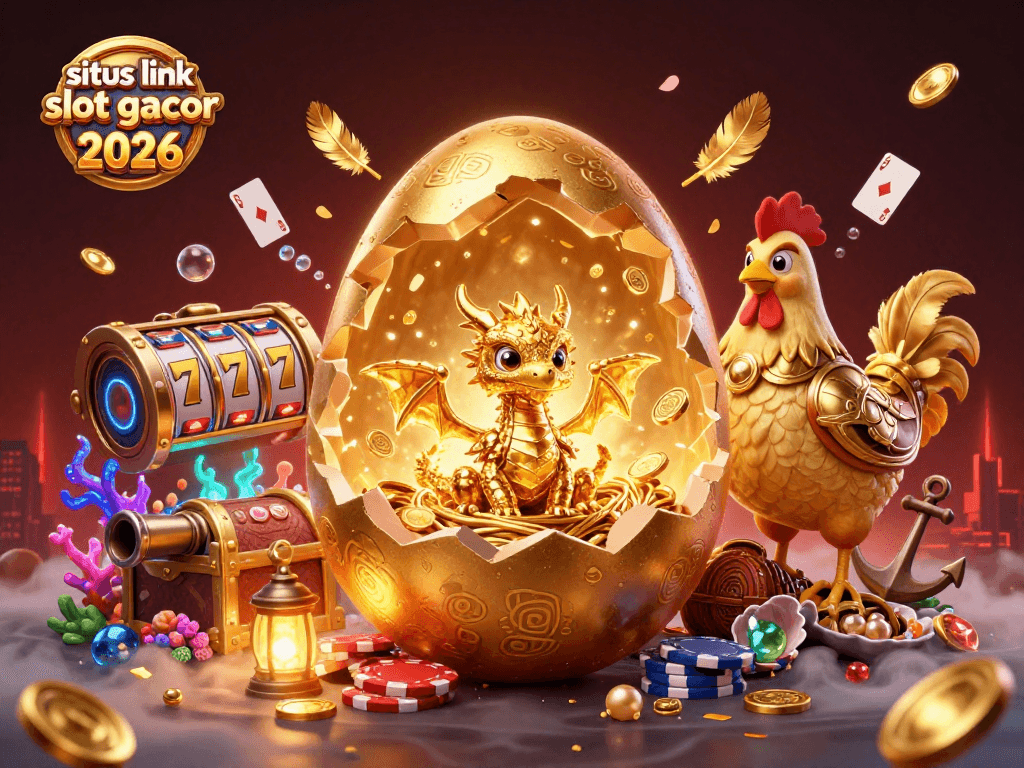 Menghadirkan situs link slot gacor 2026 dengan ilustrasi naga emas dan elemen kasino lainnya, menarik perhatian pemain.