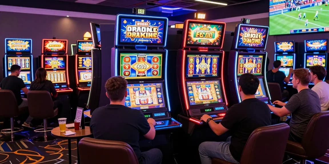 Players enjoying slot games in lively casino atmosphere with colorful machines