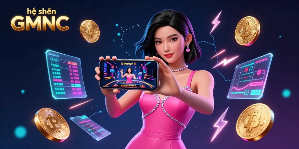 Engage with the vibrant hệ thống GMNC showcasing a confident Asian woman in a pink dress exploring live dealer casino games.