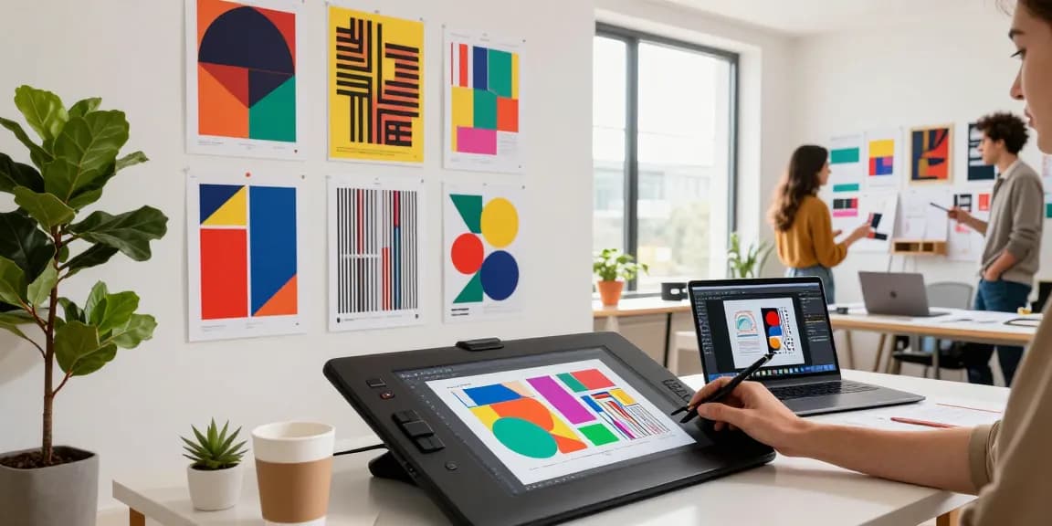 Creative workspace showcasing vibrant custom poster printing designs and artist collaboration.