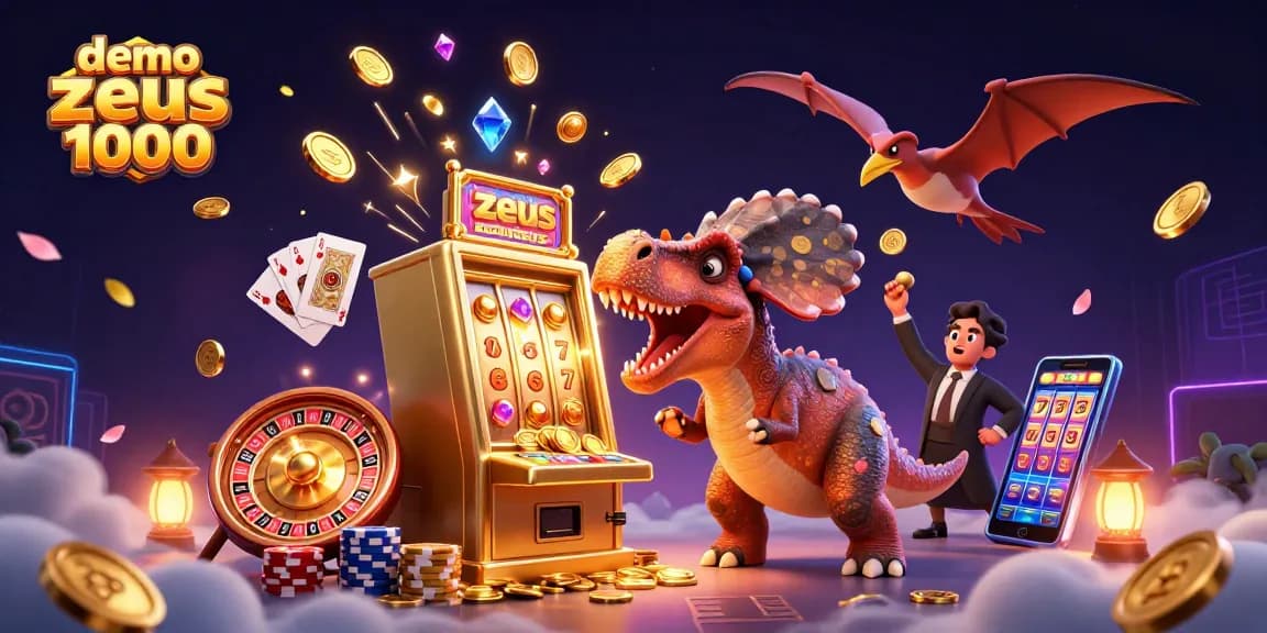 Engage with demo slot zeus 1000 while a dinosaur interacts with a golden slot machine amidst a dynamic casino scene.
