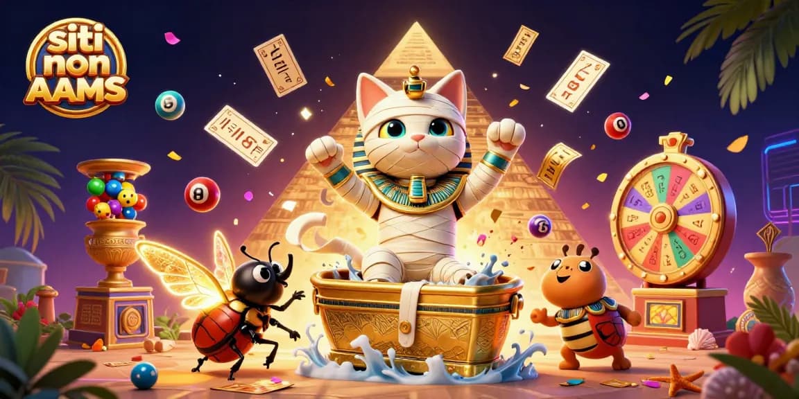 Gioca nei migliori siti non AAMS con una scena vivace di un gatto mummia egiziano in un casinò pyramidale.