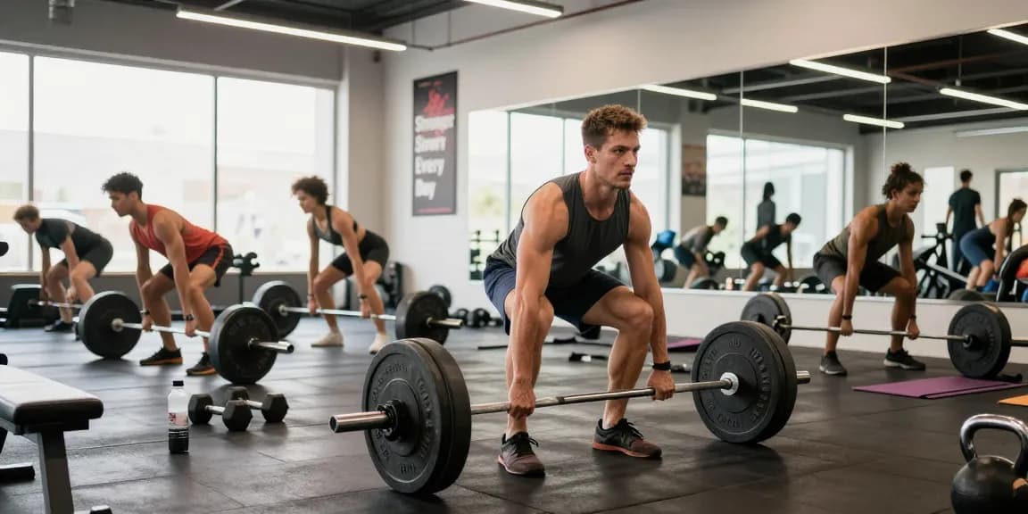 Group workout scene showcasing a diverse community in a gym, highlighting products from Deus Medical Shop.