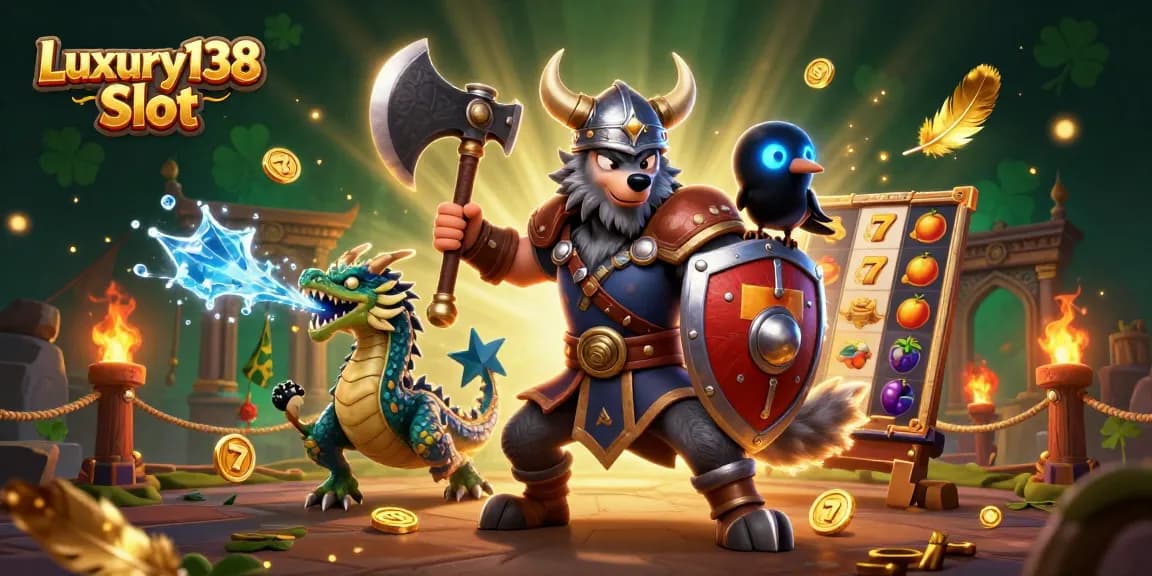 Experience thrilling adventures playing Luxury138 Slot with heroic characters in a vibrant casino atmosphere.