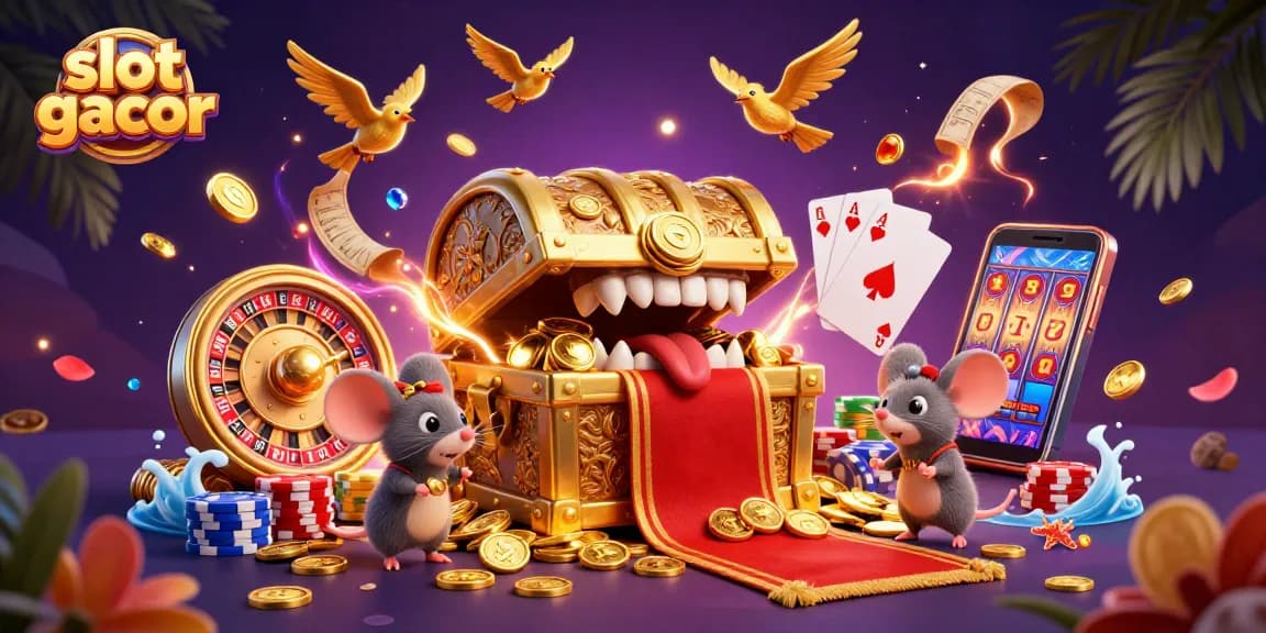Engage in thrilling slot gacor adventures with a vibrant, dynamic casino scene featuring gold coins and dazzling symbols.