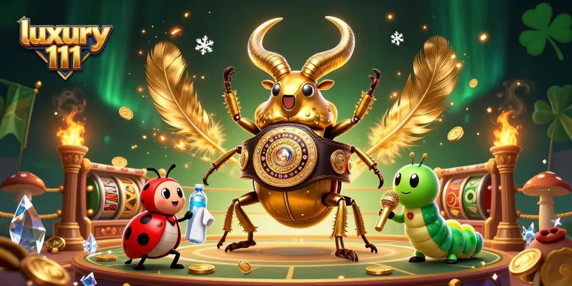 Immerse in luxury 111 gaming as a giant golden stag beetle battles in a vibrant casino scene.