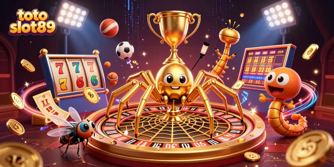 Toto slot89 showcases a vibrant 3D scene with a golden spider, a fly betting nervously, and a centipede croupier in a casino setting.