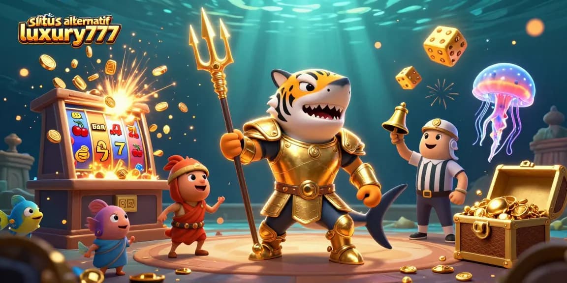 Situs alternatif luxury777 showcases an energetic underwater casino scene with vibrant elements and a thrilling atmosphere.