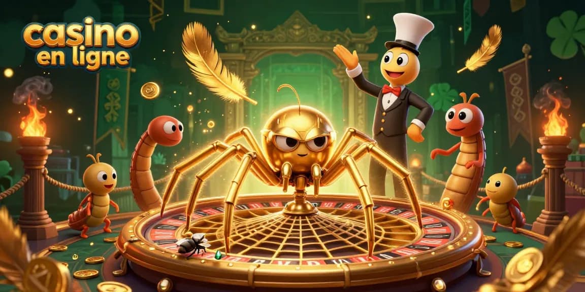 Venez découvrir le casino en ligne dans une scène dynamique avec une araignée dorée et un croupier mille-pattes.