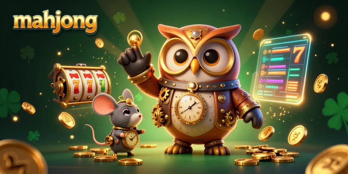 Engage with mahjong slots in a dynamic 3D scene featuring steampunk characters and vibrant casino elements.