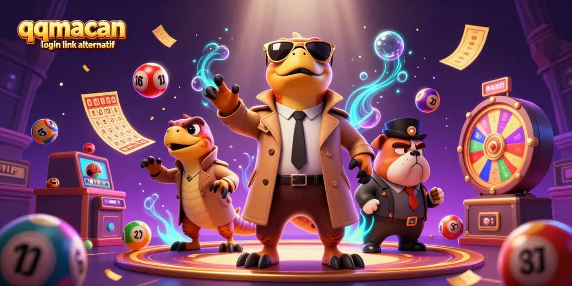 Engage in fun gaming with the qqmacan login link alternatif amidst vibrant lottery elements and cheerful raptors.