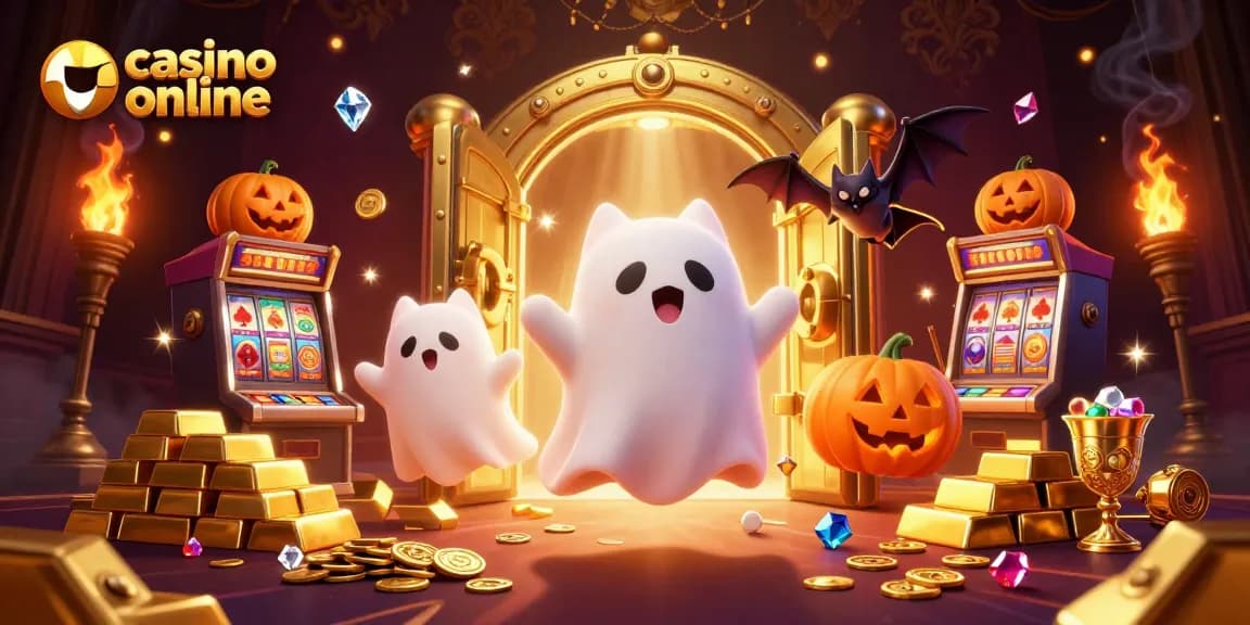 Vinci nei casino online con il gatto fantasma e il pipistrello, circondati da tesori dorati.