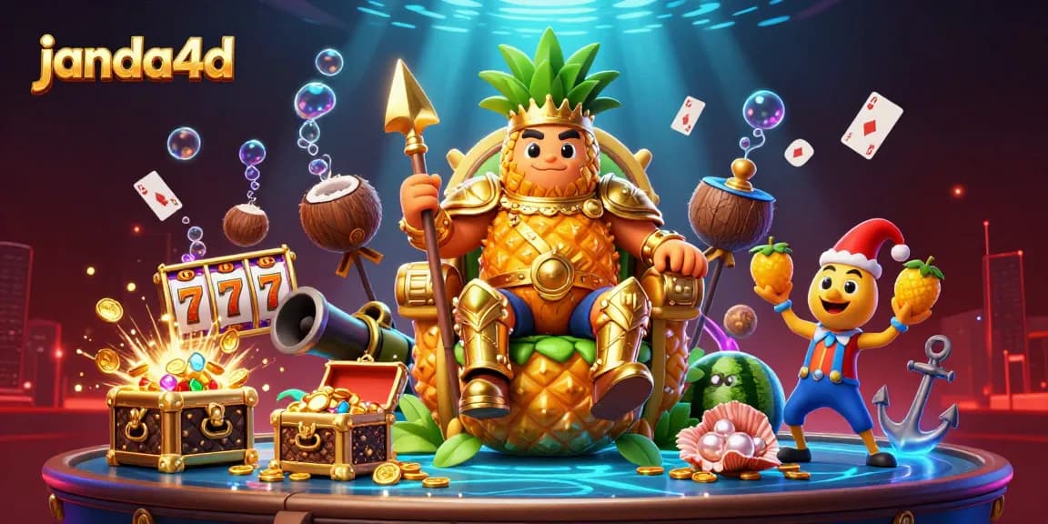 Slot online janda4d dengan karakter raja nanas emas dan elemen game kasino mengundang keberuntungan.