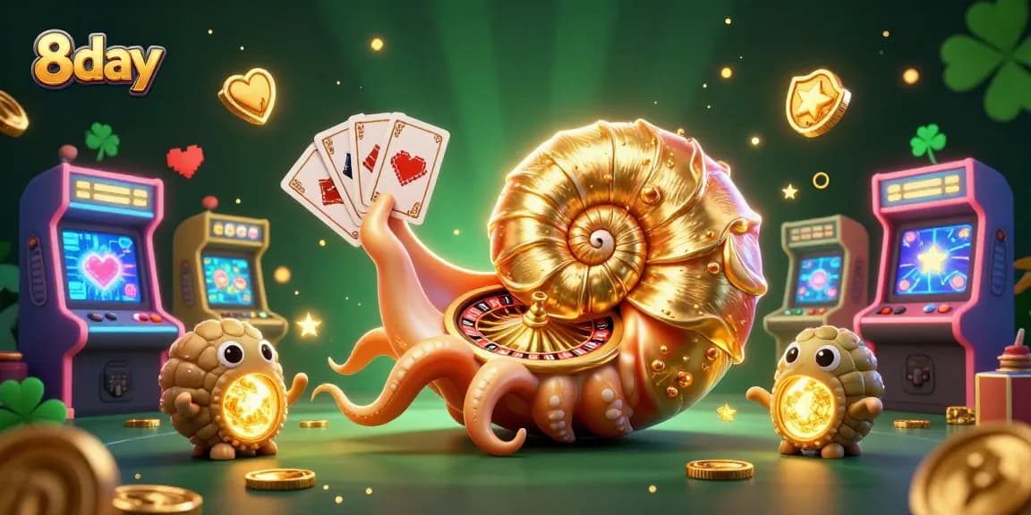 Engage in thrilling 8day casino games as a giant nautilus spins the roulette wheel with golden light.