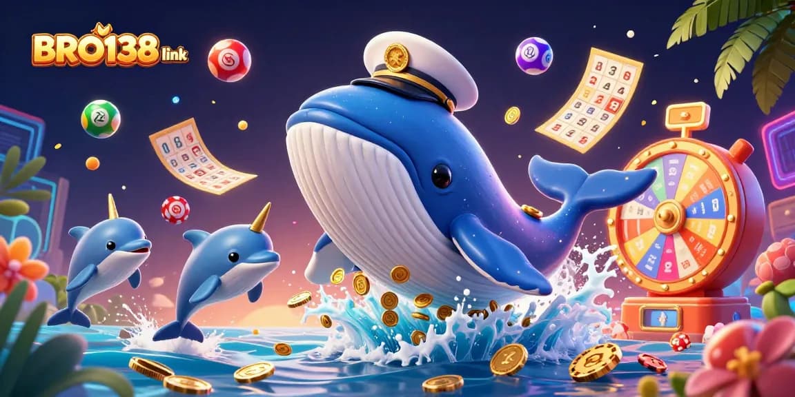 Play slot games with BRO138 link, featuring dynamic colorful lottery elements and engaging characters.