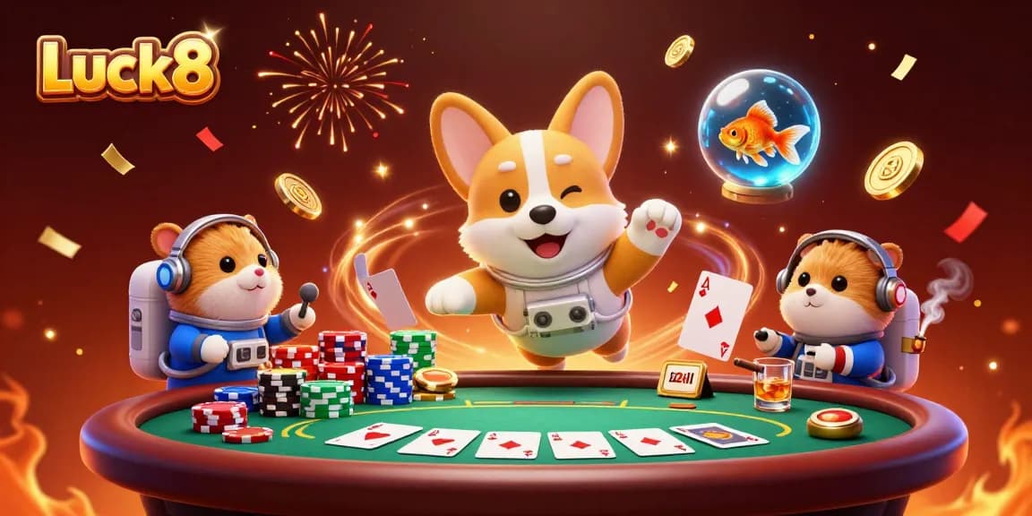 Experience the thrilling gaming world of Luck8 in a vibrant, detailed 3D digital illustration.