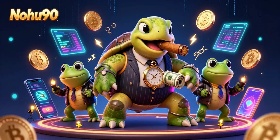 Nohu90 displays an engaging scene with a snapping turtle and bullfrog enforcers enjoying vibrant casino elements.
